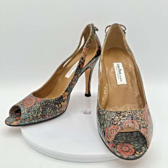 Sacha London Floral Embossed Leather Peep Toe Heels Womens 6.5 Preppy Minimalist - Picture 2 of 11